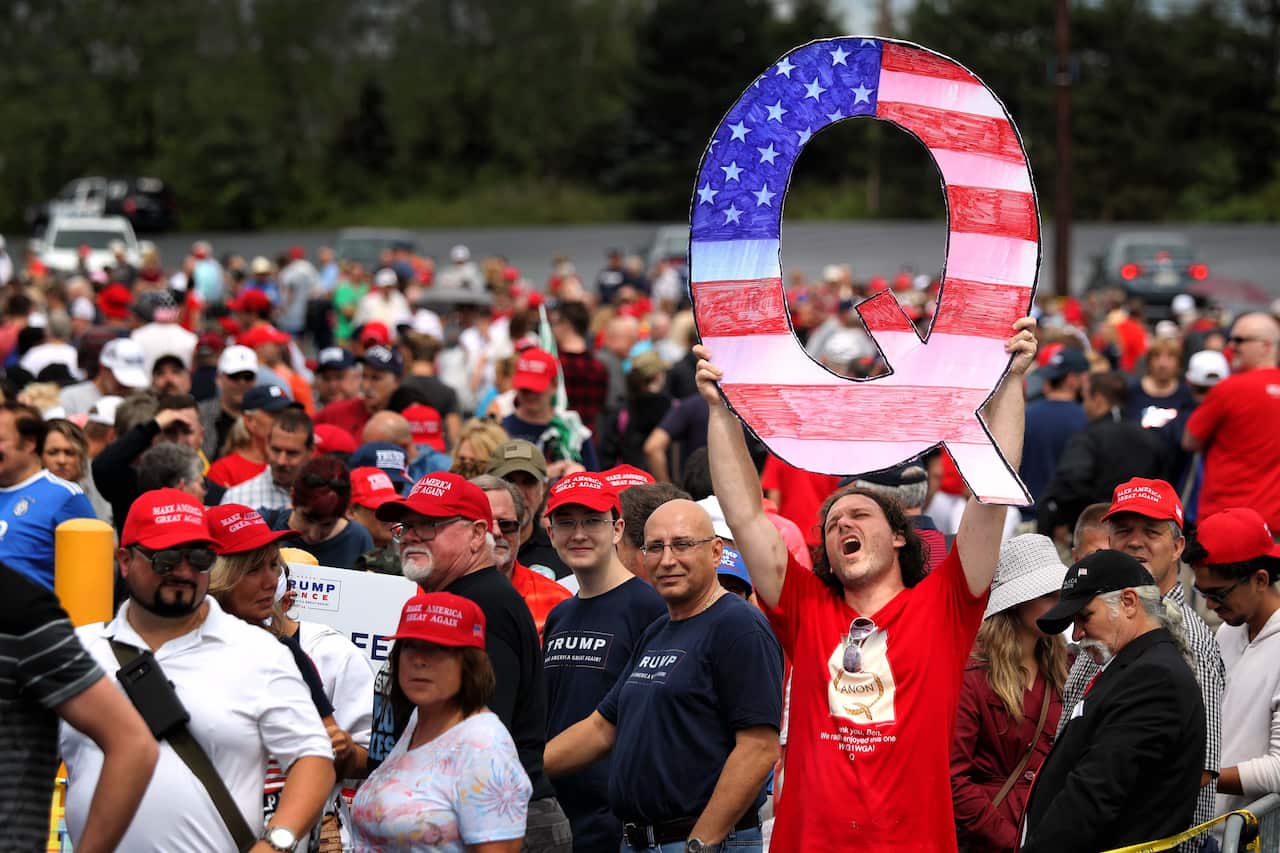 A Q sign at a Trump rally in Pennsylvania in 2018.