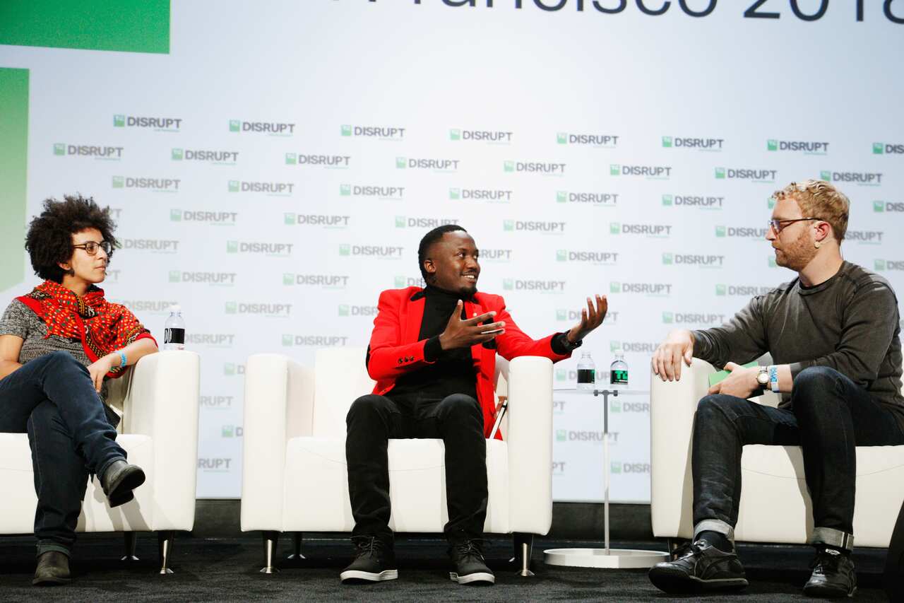 Timnit Gebru pictured on a panel in 2018.