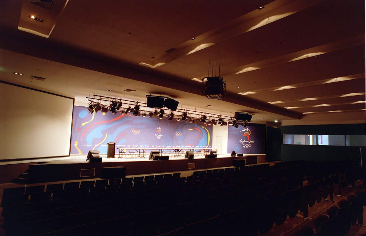The stage set up for a press conference at Olympic Park during the 2000 Games. 