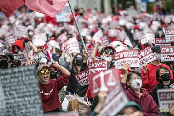 South Korean women protest against sexism and image-based abuse on 6 October, 2018 in Seoul, South Korea.