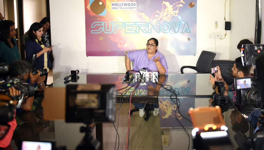 Indian Bollywood writer-producer Vinita Nanda speaks during a press conference in Mumbai on October 9, 2018.