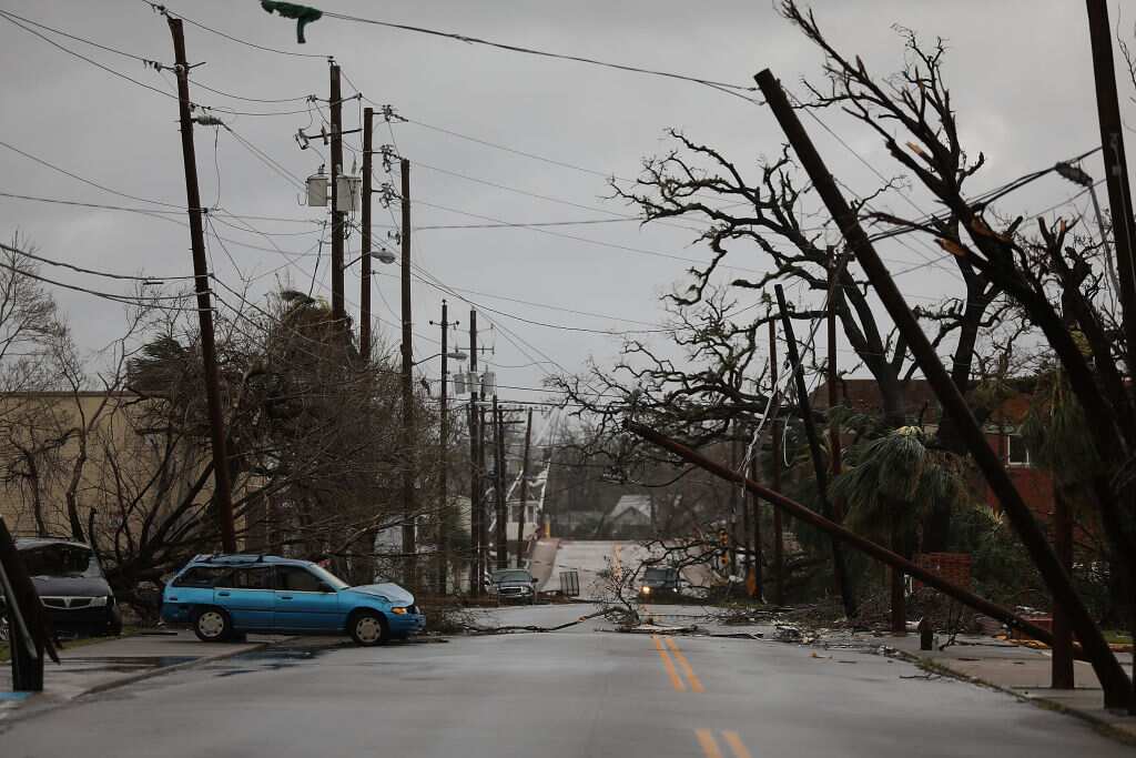 Downed powerlines are seen after hurricane Michael passed through the downtown area in Panama City, Florida. 
