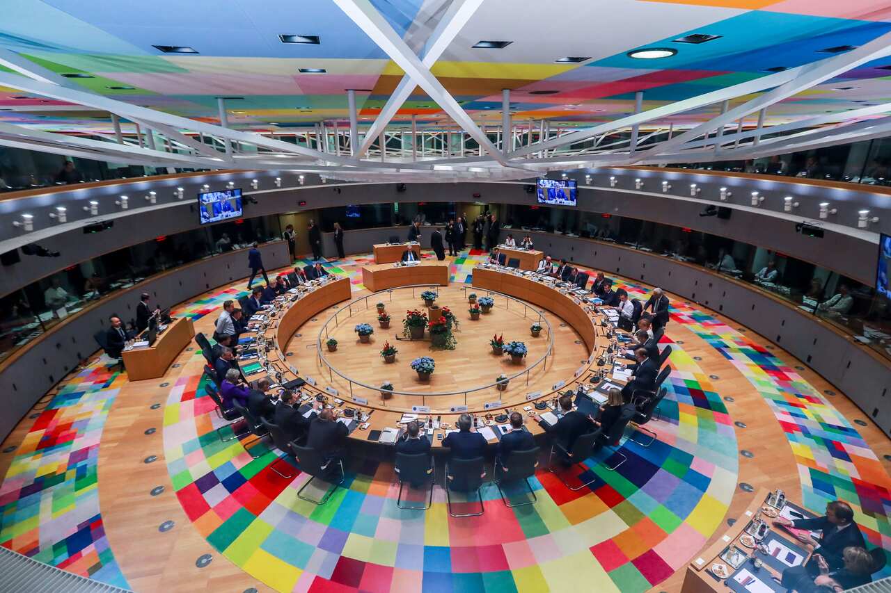 A general view of European Union leaders attending the second day of a EU summit at the European Council in Brussels on October 18, 2018. 