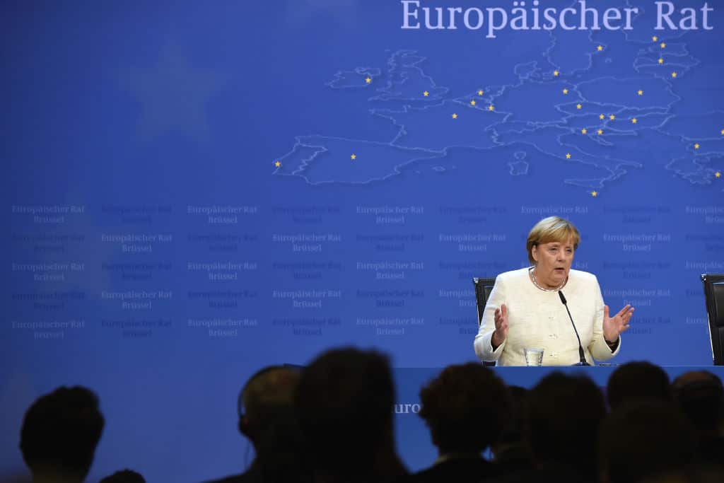 German Chancellor Angela Merkel speaks at the final press conference during the Euro Summit in Brussels, Belgium. 