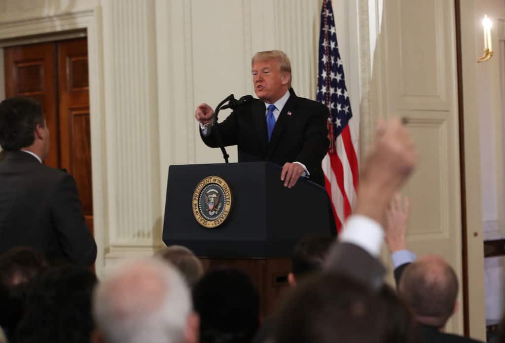 : U.S. President Donald Trump gets into an exchange with Jim Acosta of CNN after giving remarks a day after the midterm elections on November 7, 2018 