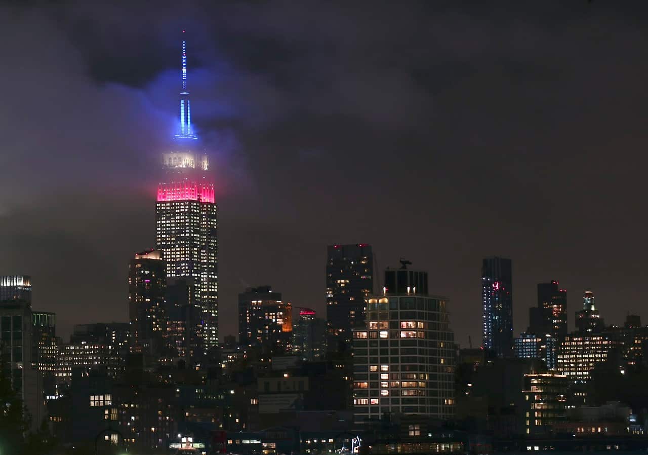 The Empire State Building glows in red, white, and blue to mark the midterm election day.