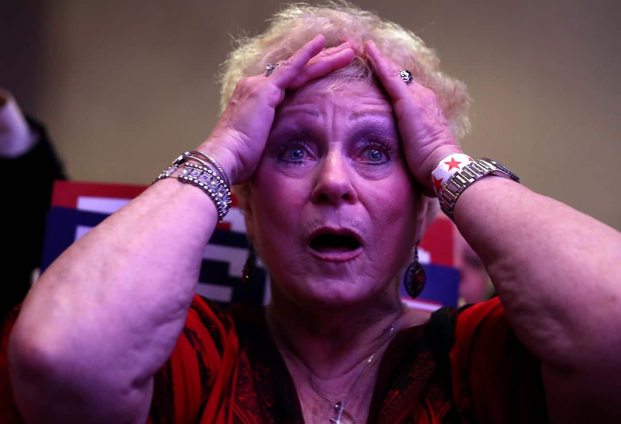 Marie Rice reacts as it is announced that Ted Cruz won his race.