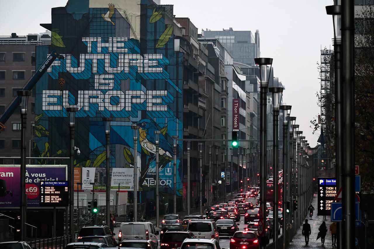 A mural reading 'The future is Europe' is seen on a building outside the EU Headquarters in Brussels.