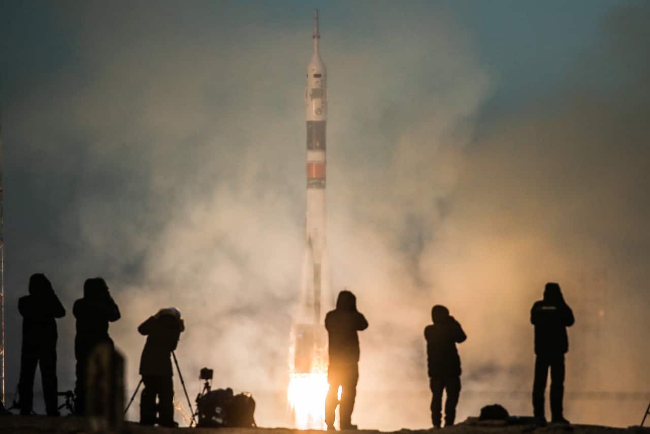 Soyuz-FG rocket carrying Soyuz MS-11 spacecraft launched from Baikonur Cosmodrome