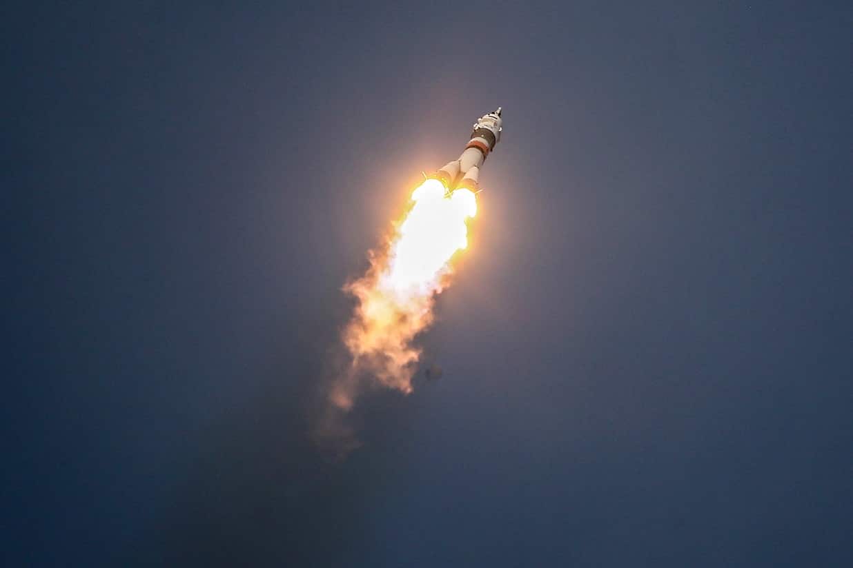 Soyuz-FG rocket carrying Soyuz MS-11 spacecraft launched from Baikonur Cosmodrome