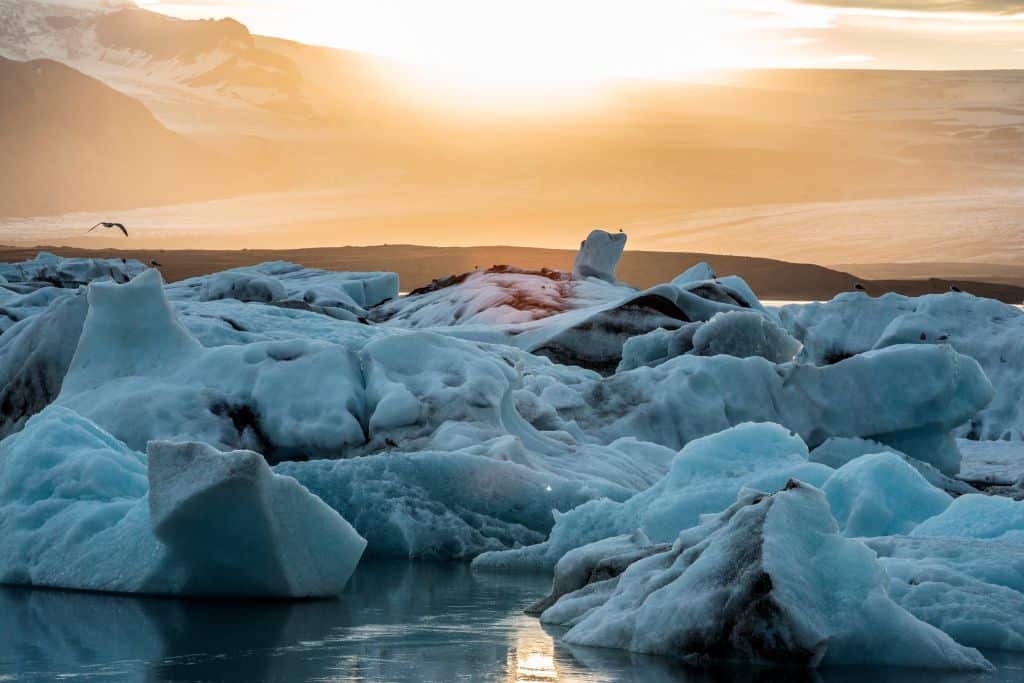 Icebergs and ice chunk at sunset South Iceland Iceland Polar Regions