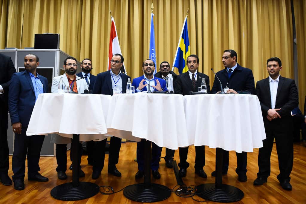 Rebel negotiator Mohammed Abdelsalam holds a press conference together with members of the delegation following the peace consultations.
