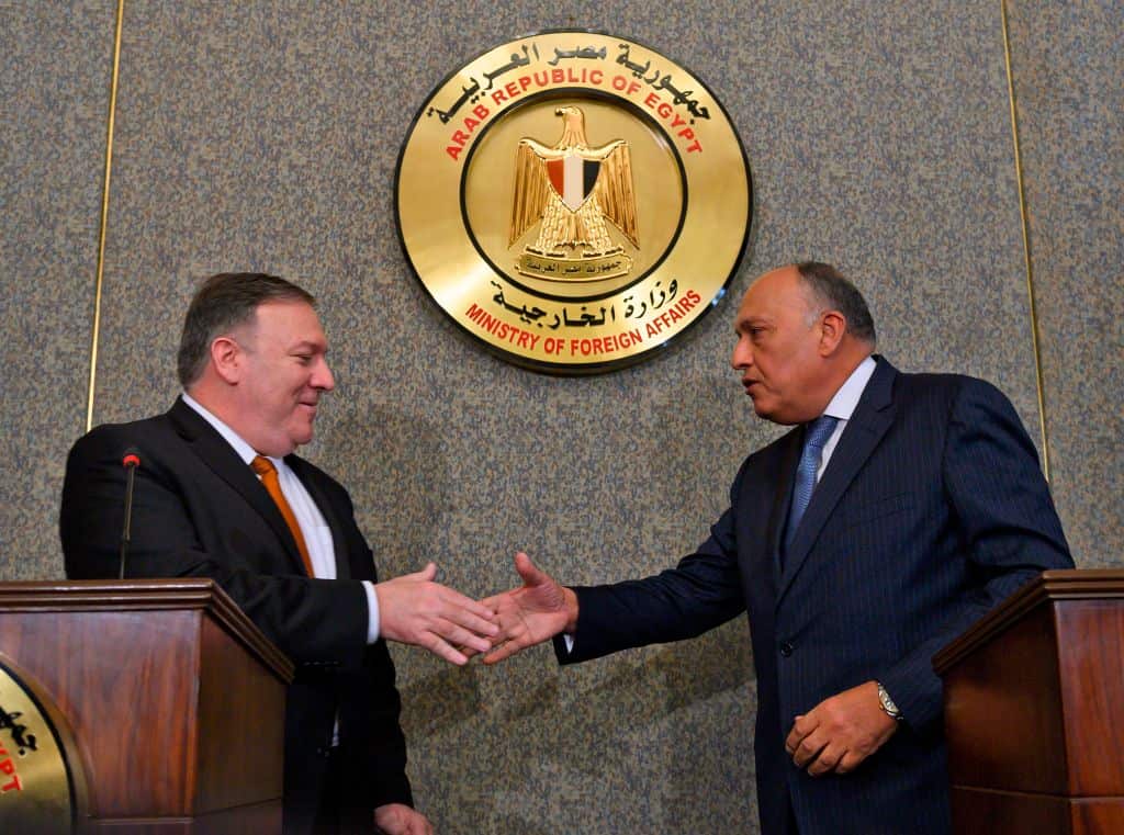 US Secretary of State Mike Pompeo shakes hands with Egyptian Foreign Minister Sameh Shoukry