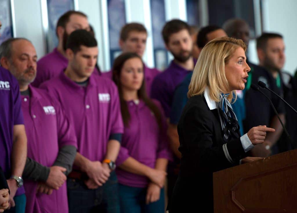 Sara Nelson, the International President of the Association of Flight Attendants, speaks during a press conference on aviation safety during the shutdown.