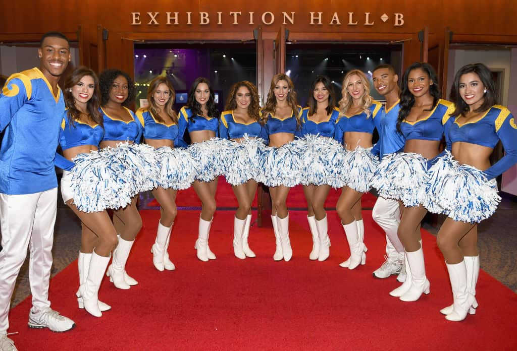 LA Rams cheerleaders Napoleon Jinnies and Quinton Peron with the rest of the squad.