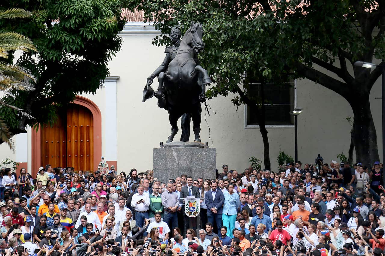Juan Guaid Self-proclaimed Interim President of Venezuela Meeting With Deputies and the Media