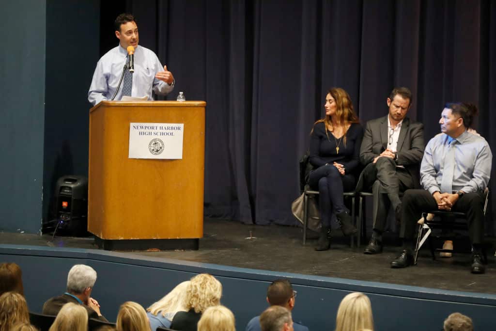 Costa Mesa High School Principal Jacob Haley speaks to parents, students and community members about how to overcome anti-semitism. 