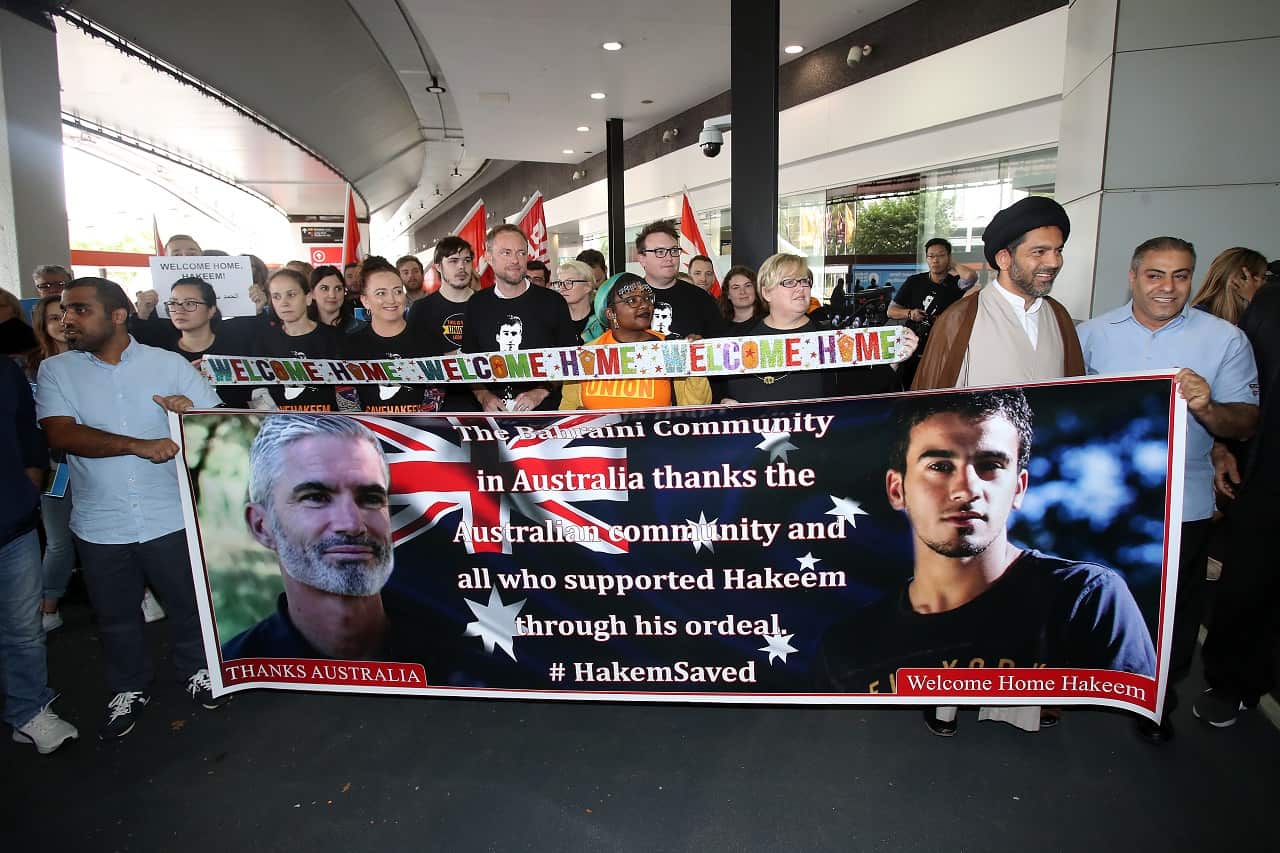 Supporters of Hakeem Al-Araibi wait for his arrival.