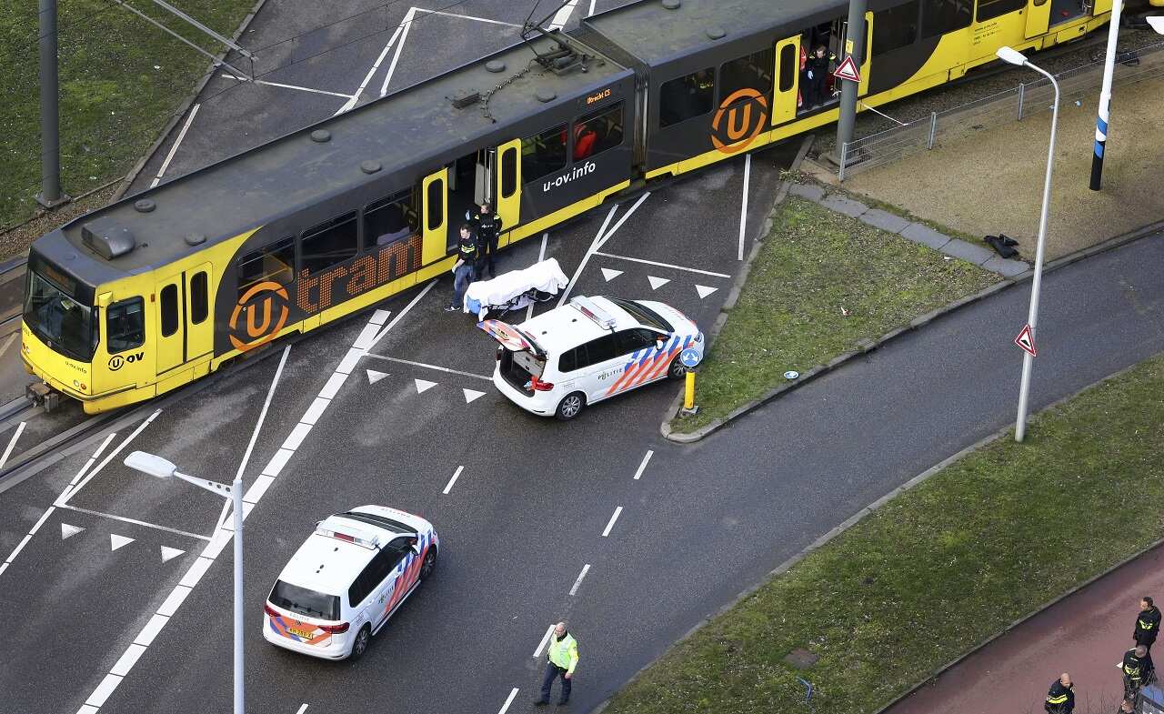 The scene following the shooting on the tram in Utrecht.