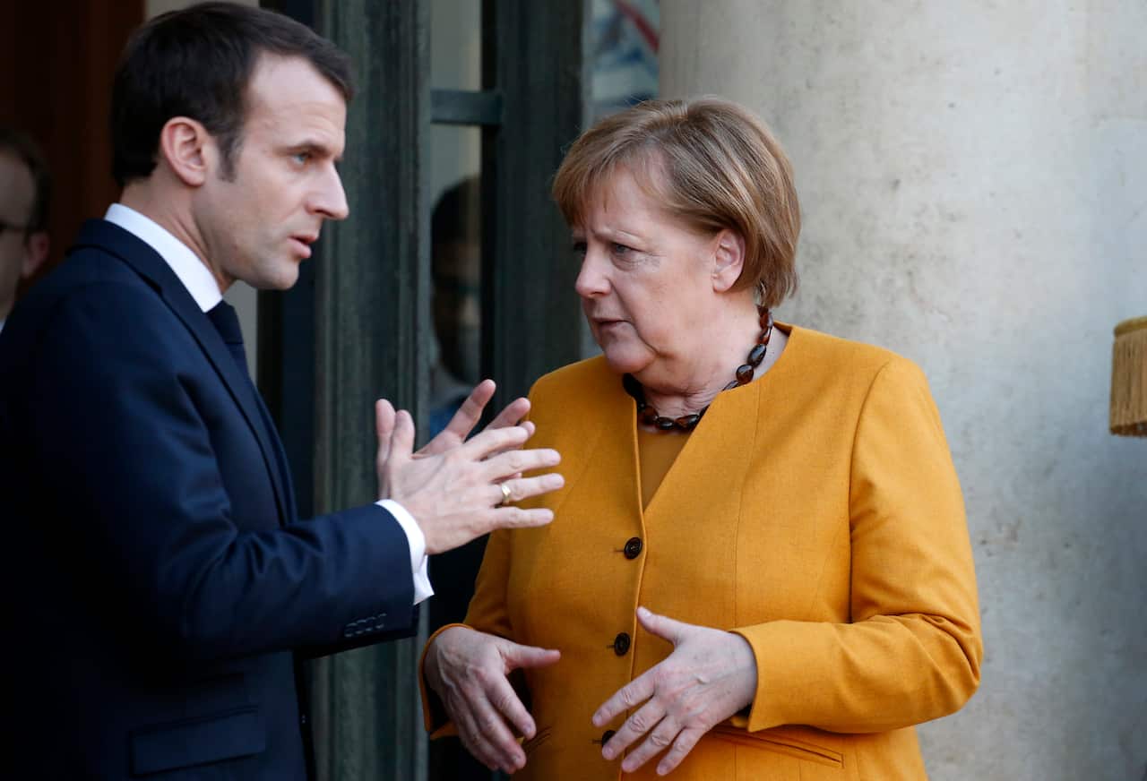 French President Emmanuel Macron and German Chancellor Angela Merkel.