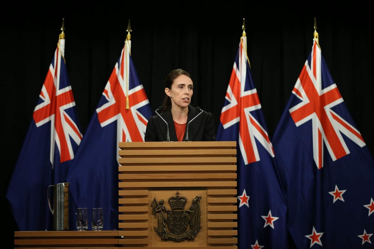 Prime Minister Jacinda Ardern speaks to media.