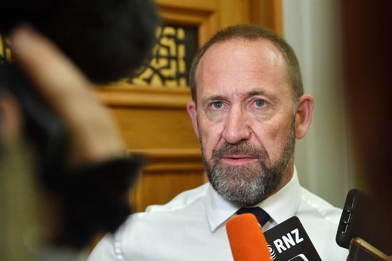 Minister Andrew Little speaks to media at New Zealand Parliament.