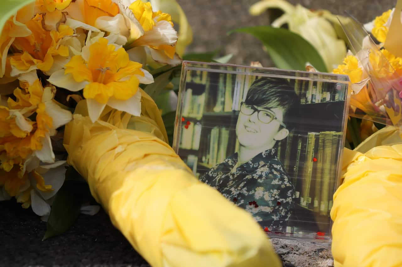Flowers left at the scene where 29-year-old journalist Lyra McKee was shot in Londonderry, Northern Ireland.