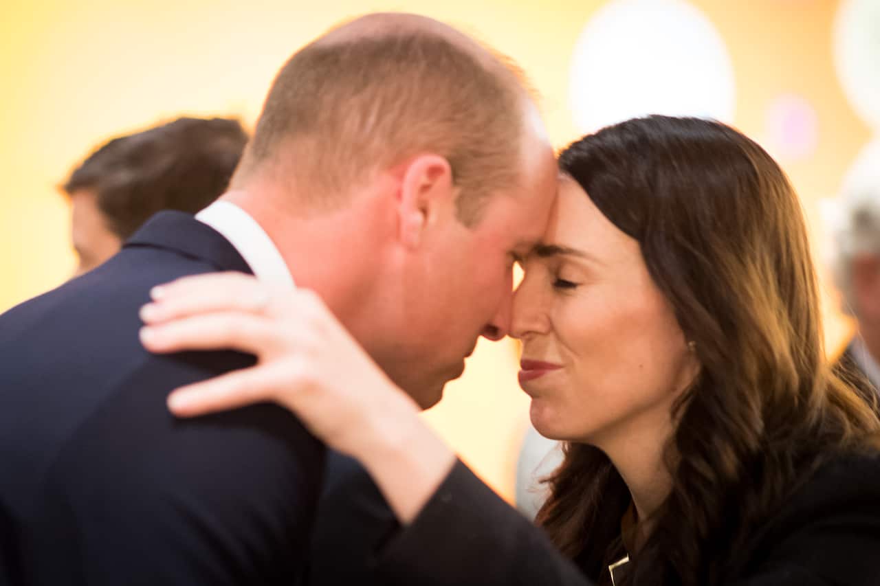 Prince William greets New Zealand Prime Minister Jacinda Ardern.