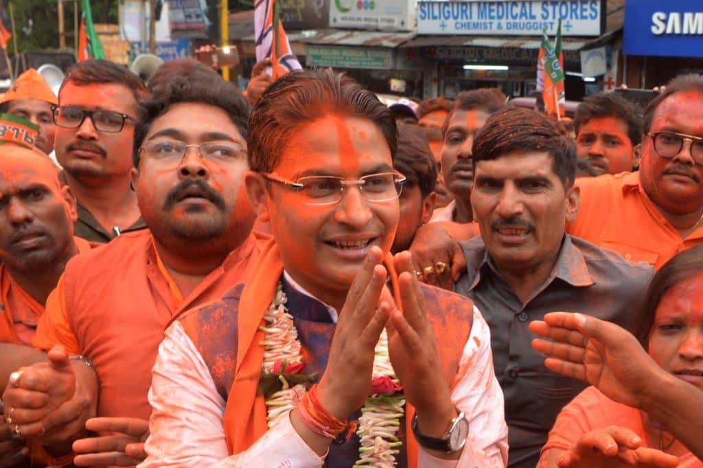 Bharatiya Janata Party (BJP) candidate Raju Bista during a victory rally as they celebrate the win in India's general election.