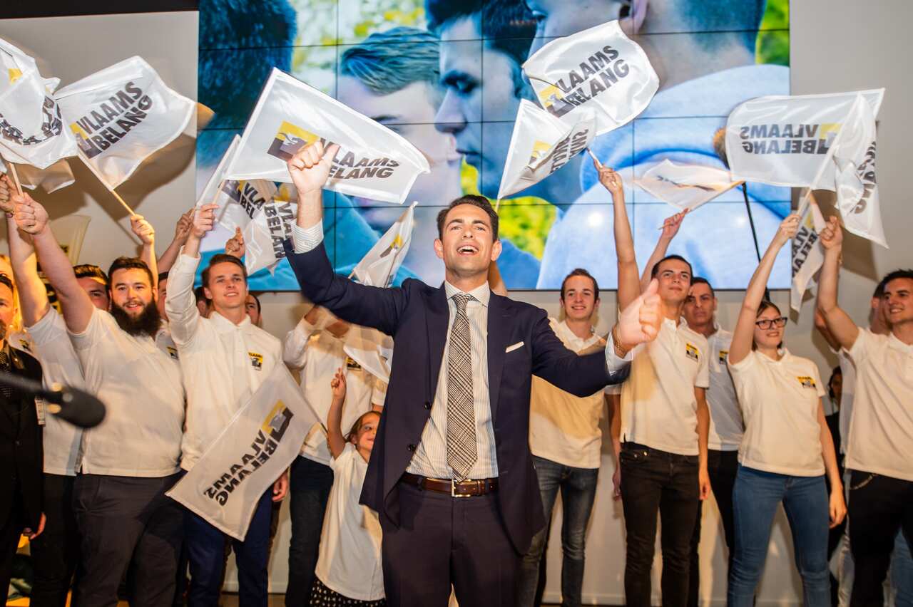 Vlaams Belang chairman Tom Van Grieken delivers a speech at the post-election meeting, as Belgium held regional, federal and European elections. 