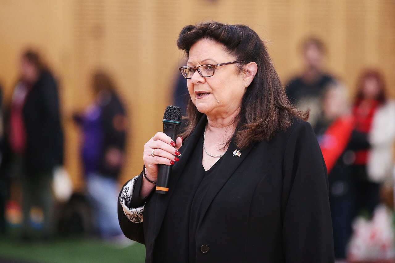 Jill Gallagher speaks to staff and players during an Essendon Bombers Cultural Gathering.