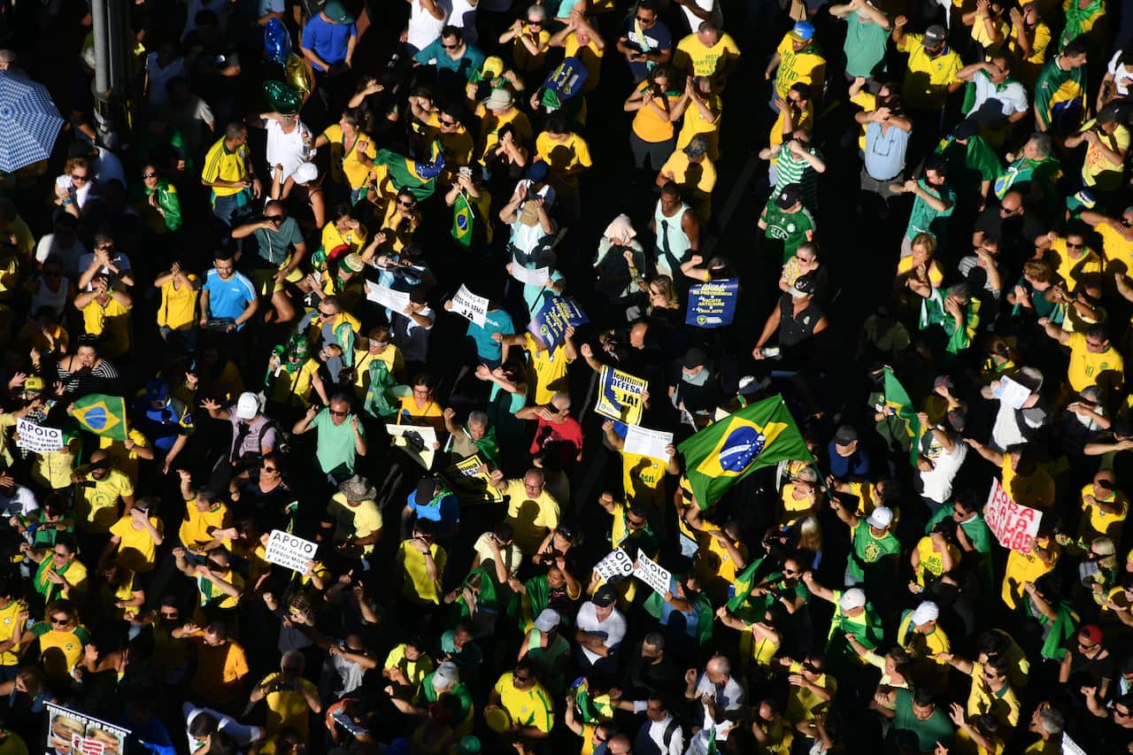 Aerial view of supporters of Brazilian President Jair Bolsonaro demonstrating along Paulista Avenue in Sao Paulo.