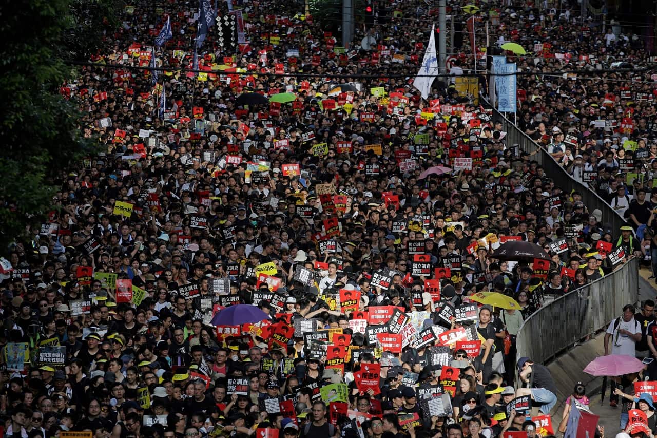 Protesters attend the annual pro-democracy rally in Hong Kong on July 1.