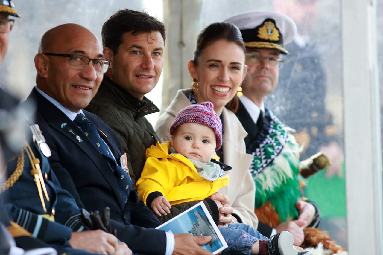 Jacinda Ardern, her partner Clarke Gayford, and their child Neve last month.