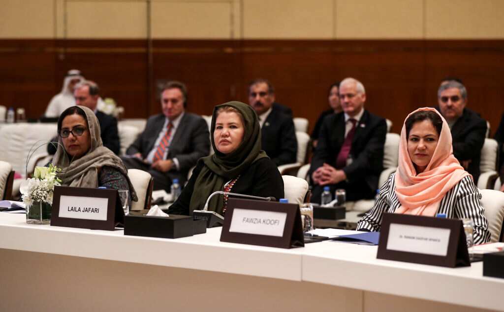 Fawzia Koofi (right) attends the Intra Afghan Dialogue talks in the Qatari capital Doha on July 7, 2019. - (Photo by KARIM JAAFAR / AFP via Getty Images) 