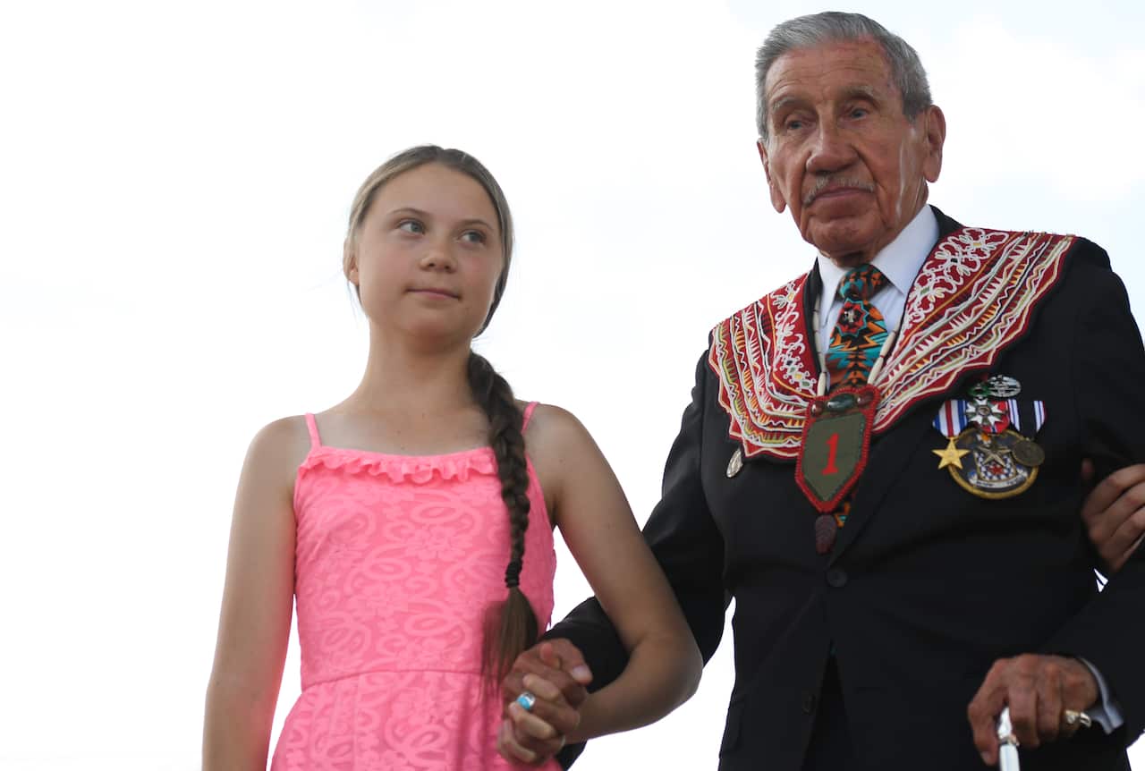 Greta Thunberg with D-Day veteran Charles Norman Shay at the 2019 Freedom Award Ceremony.