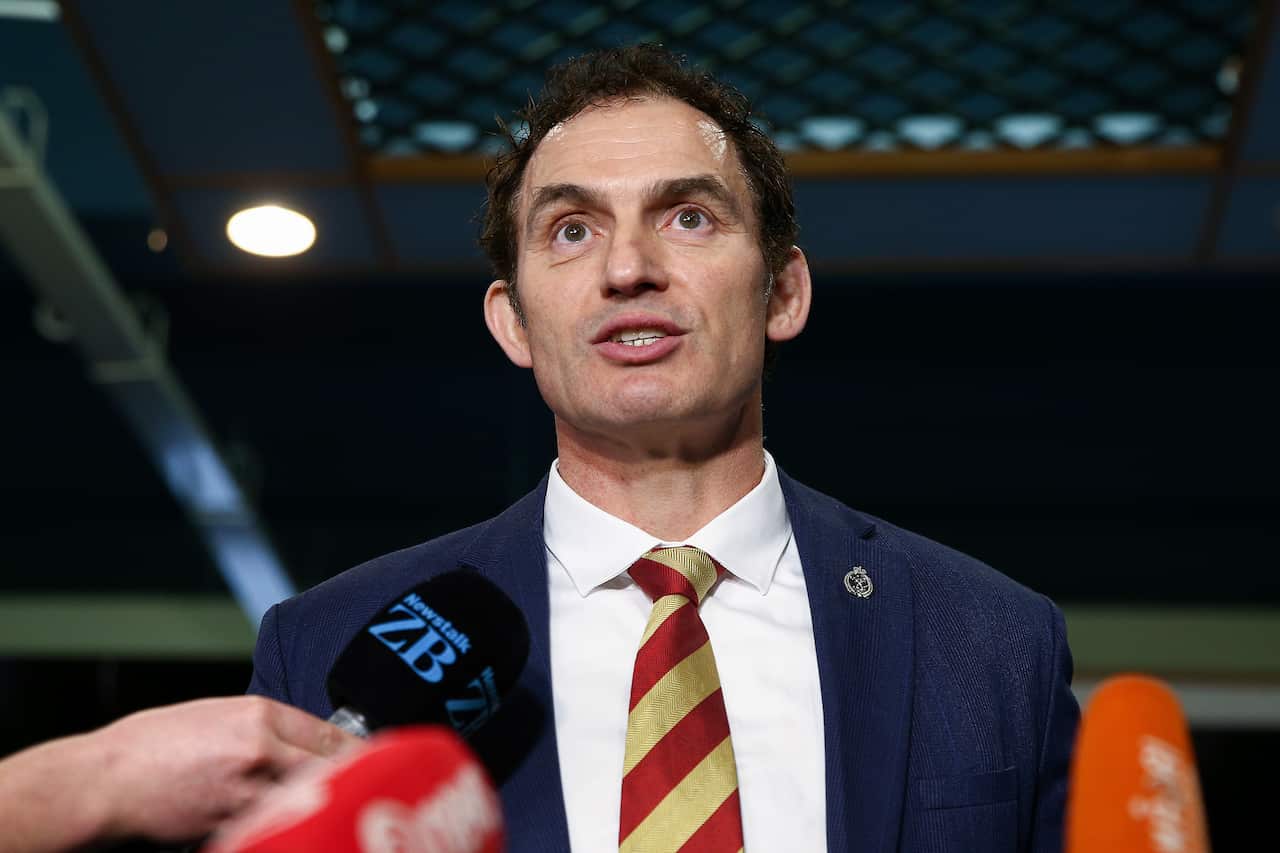 Police Minister Stuart Nash speaks to media during a firearm buy-back collection event in Wellington, New Zealand.