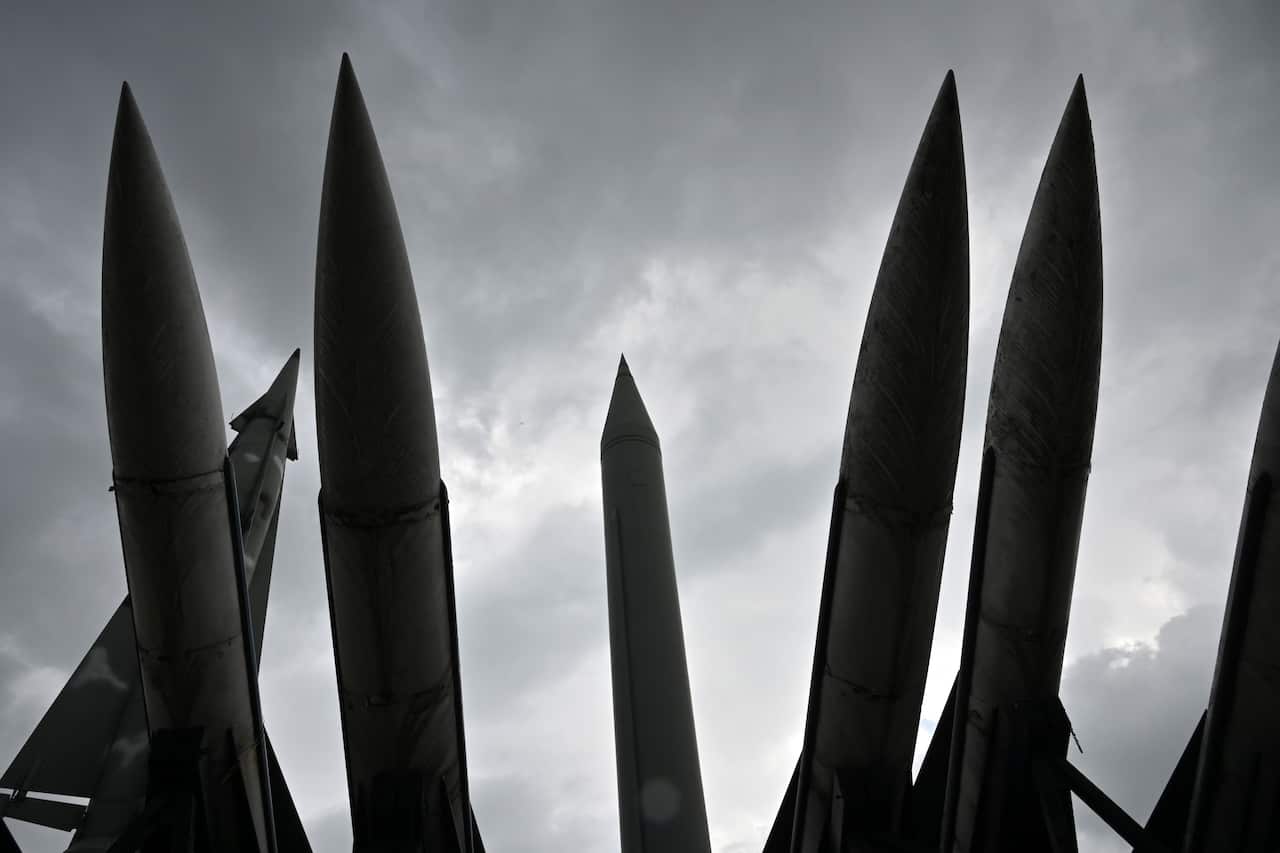 Replicas of a North Korean Scud-B missile (C) and South Korea's Hawk missiles (R) are displayed at the Korean War Memorial in Seoul.