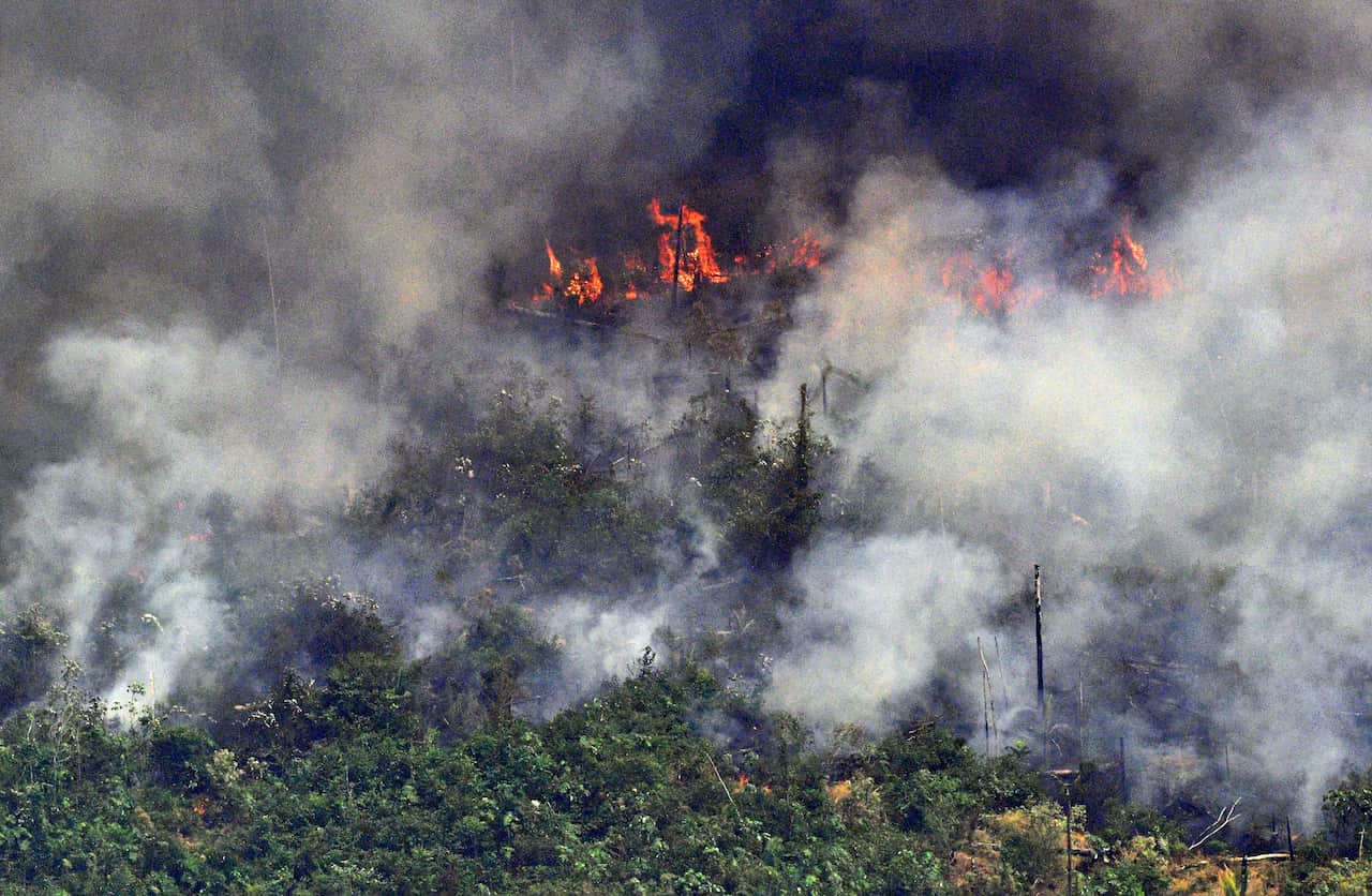 Aerial picture showing smoke from a two-kilometre-long stretch of fire billowing from the Amazon rainforest.