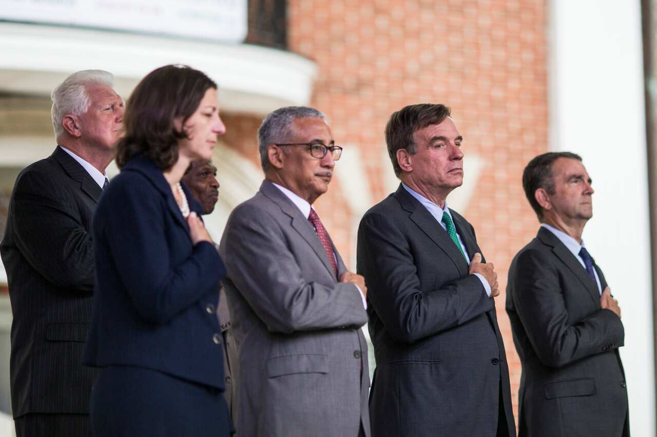 Rep Elaine Luria (D-VA), Rep Bobby Scott (D-VA), Sen Mark Warner (D-VA), and Virginia Gov Ralph Northam (D) attend the African Landing Commemorative Ceremony.