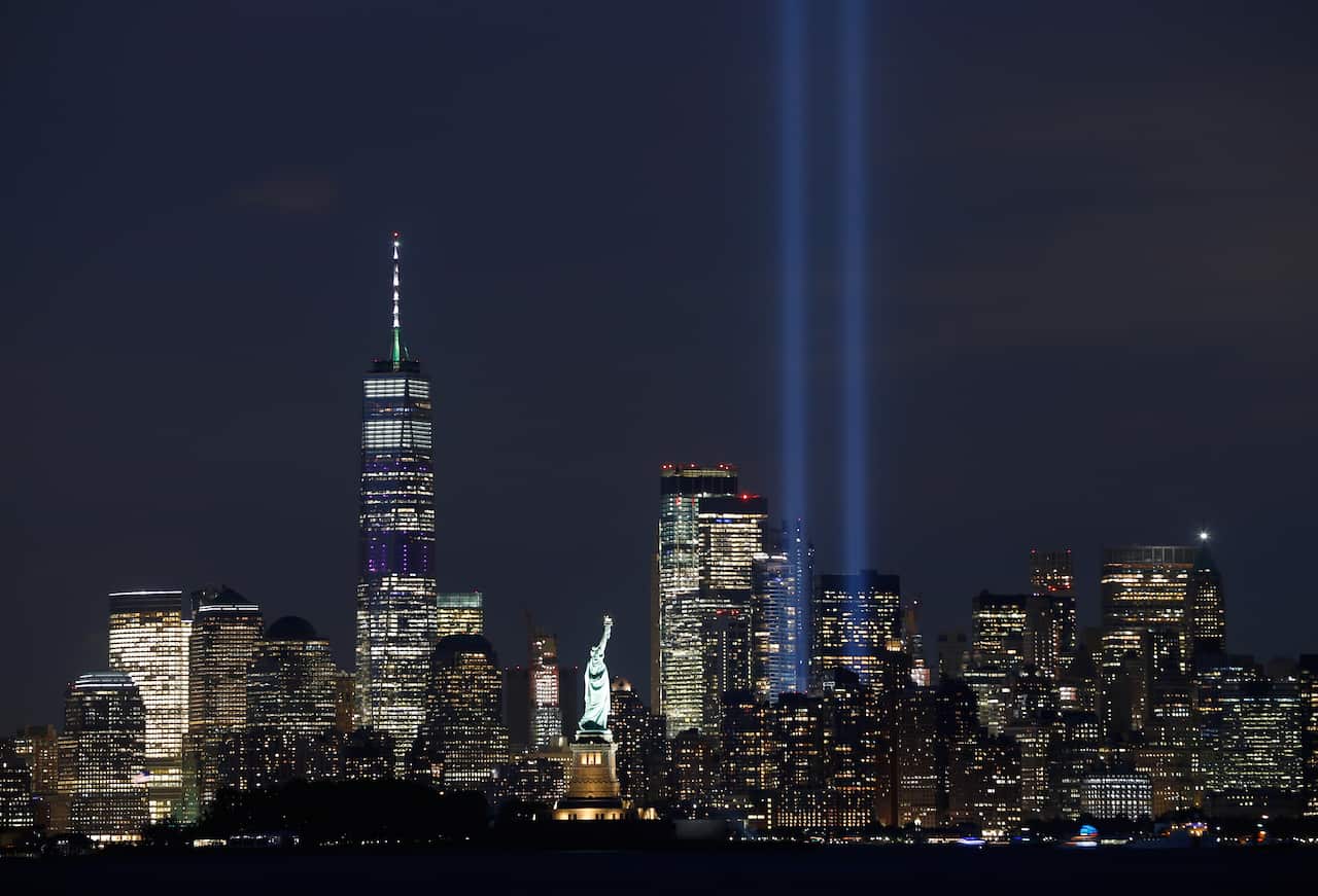 The annual Triibute in Light is illuminated on the skyline of lower Manhattan on the eve of the 18th anniversary of the 9/11 attacks in New York City.