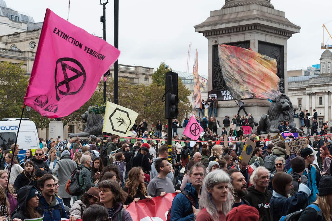 Environmental activists from Extinction Rebellion protest in Trafalgar Square.