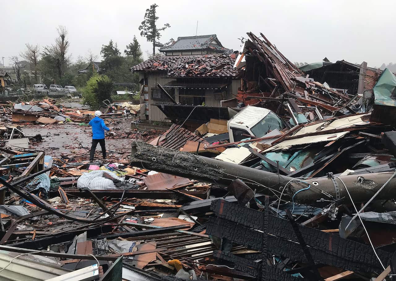 Damaged houses caused by weather patterns from Typhoon Hagibis are seen in Ichihara, Chiba.