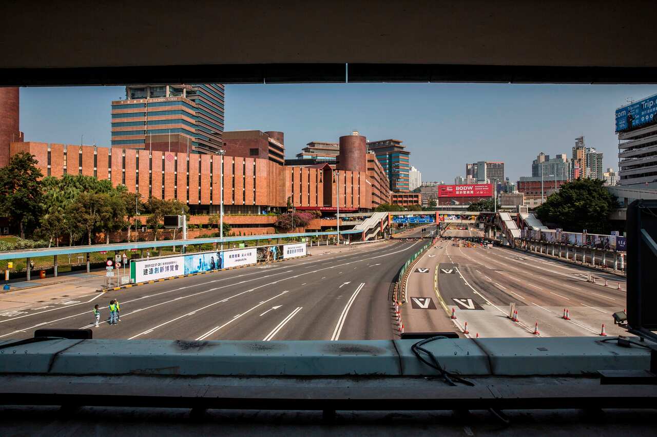 Debris blocks the Cross Harbour Tunnel, normally one of the busiest roads in Hong Kong.