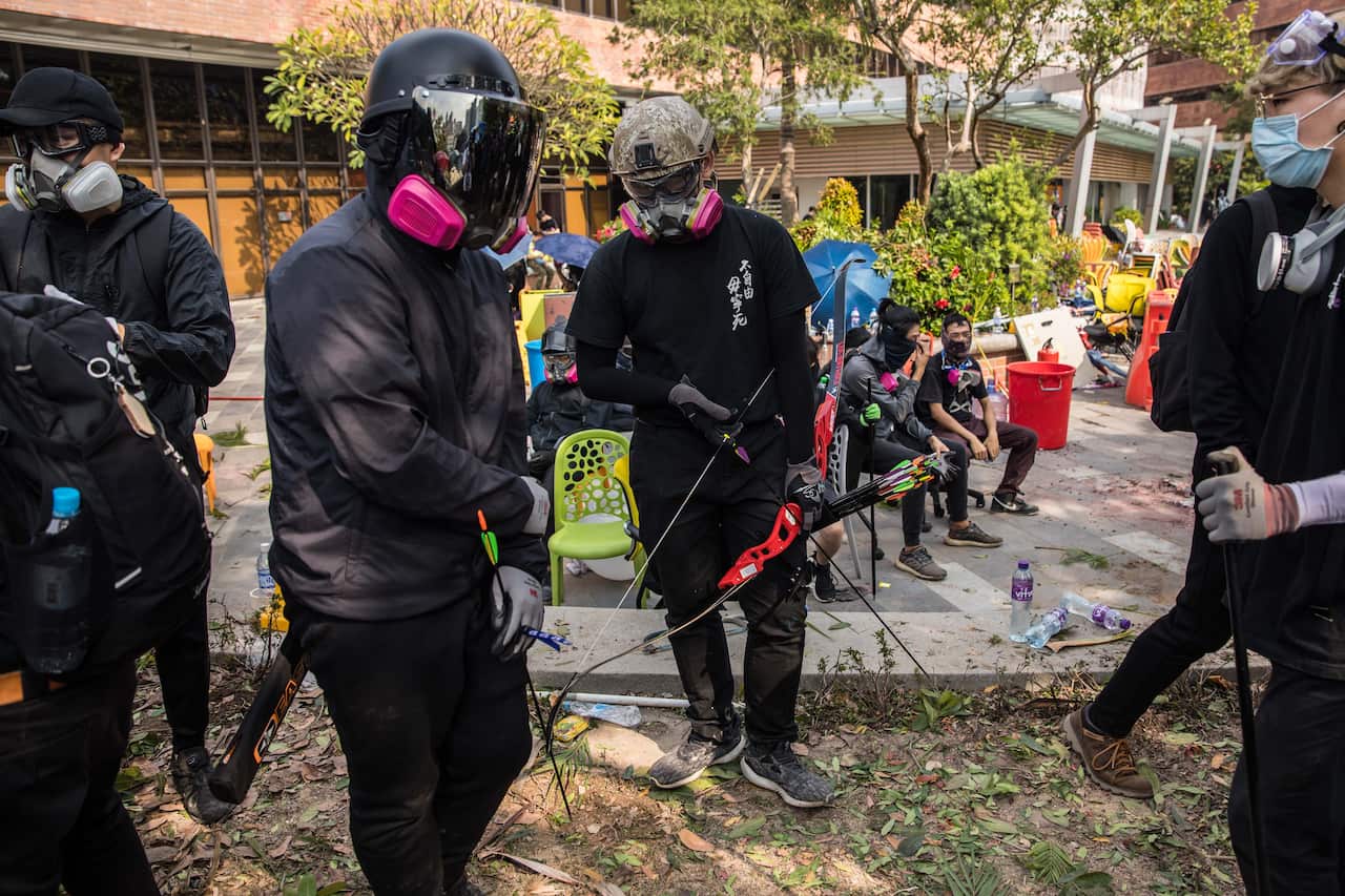 Protesters used bow and arrows they found in the sports department. 