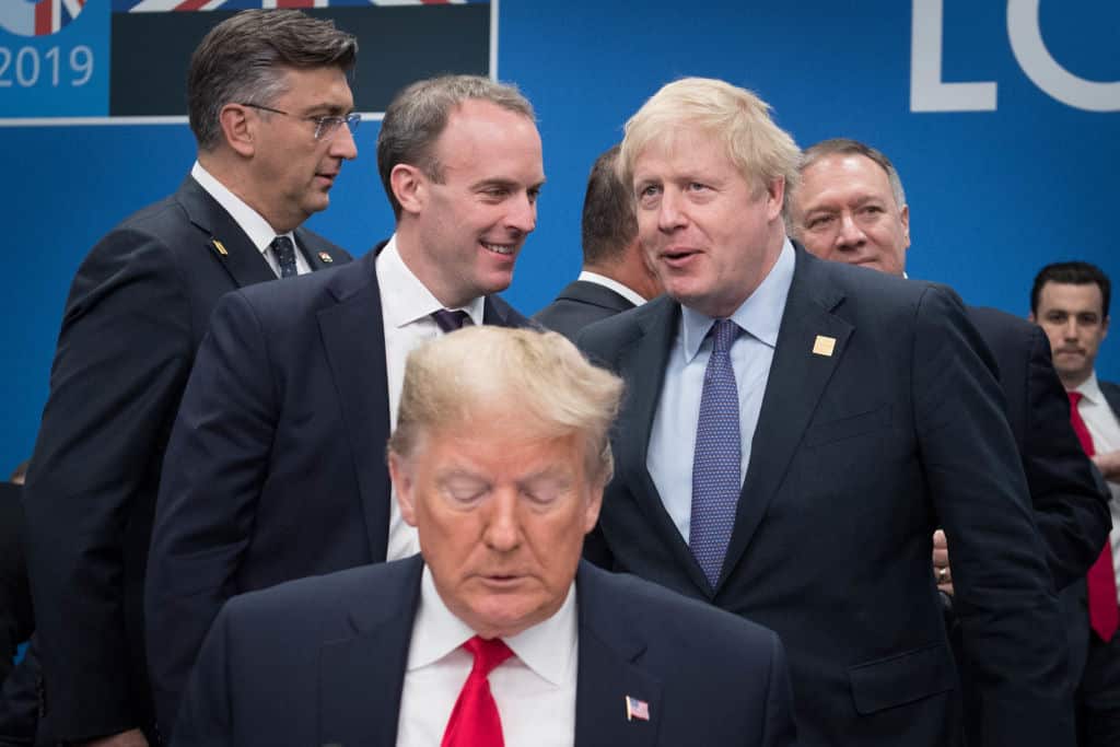 US President Donald Trump with Dominic Raab and Boris Johnson during the annual Nato heads of government summit on December 4, 2019.