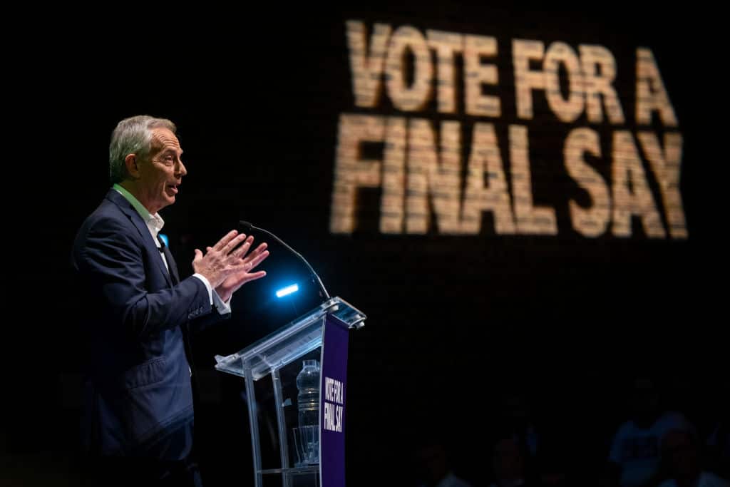 Former Prime Minster Tony Blair speaks at a "Vote for a Final Say" rally about Brexit and the upcoming general election.