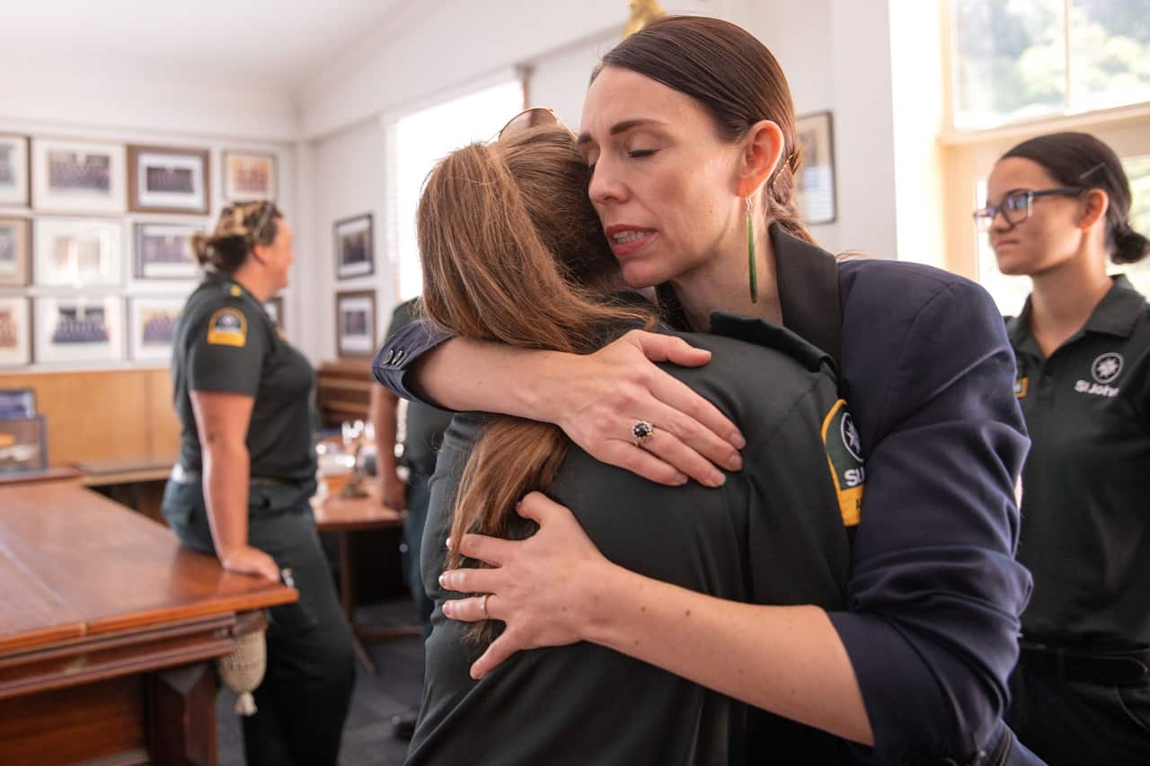 New Zealand Prime Minister Jacinda Ardern meets with first responders at the Whakatane Fire Station.