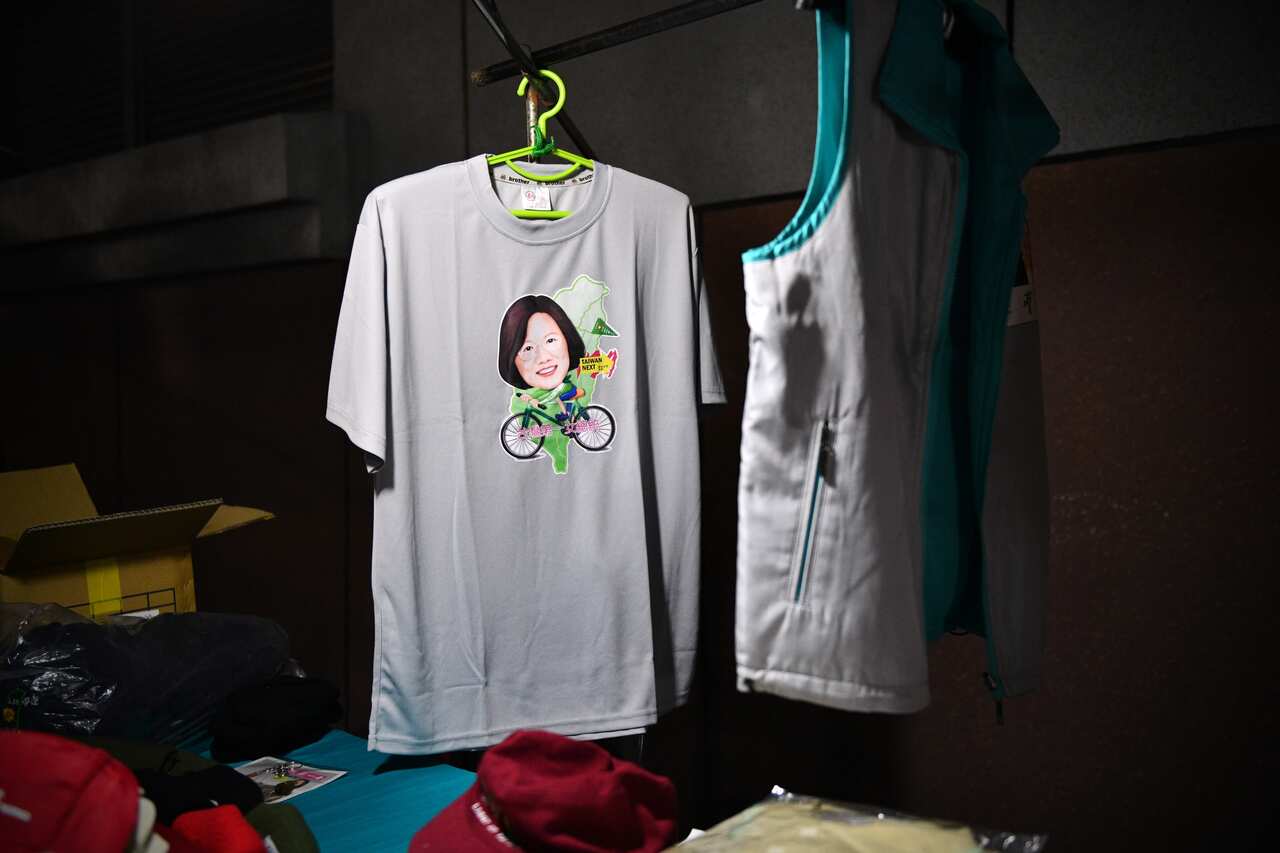 Tsai Ing-Wen-branded t-shirts are displayed for sale following her re-election as President of Taiwan.