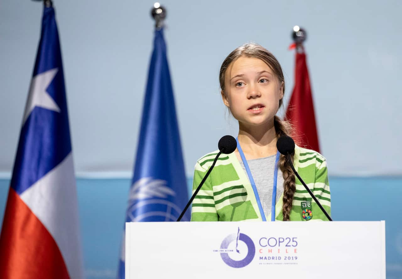 Swedish environment activist Greta Thunberg delivers a speech during the COP25 Climate Conference.